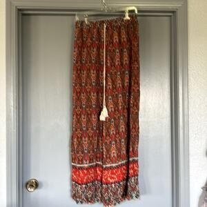 Luukse Brown Gold Floral Wide Leg Women's Pants sz Large Elastic Waist Boho